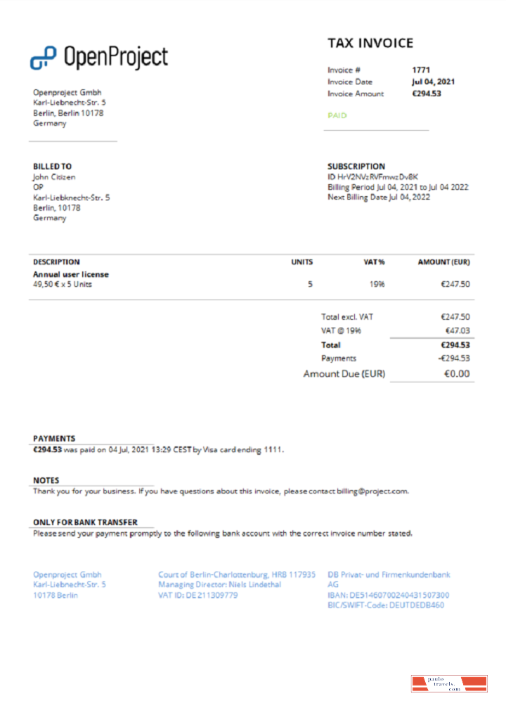 Germany OpenProject leading open source project management software invoice PSD template